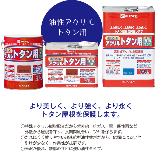 【油性アクリルトタン用】より美しく、より強く、より永く
トタン屋根を保護します。／○特殊アクリル樹脂配合だから紫外線・排ガス・雪・酸性雨など外敵から屋根を守り、
   長期間風合い・ツヤを保ちます。
○たれにくく塗りやすい超速乾型油性塗料だから、結露によるツヤ引けが少なく、
   作業性が抜群です。
○光沢が優れ、鉄部のサビに強い油性タイプ。