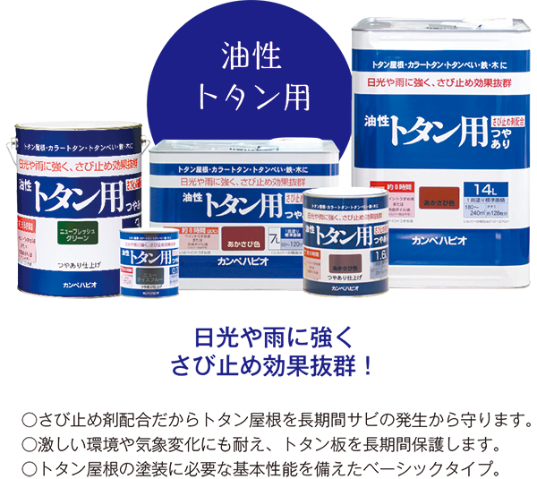 【油性
トタン用】日光や雨に強くさび止め効果抜群！／○さび止め剤配合だからトタン屋根を長期間サビの発生から守ります。
○激しい環境や気象変化にも耐え、トタン板を長期間保護します。
○トタン屋根の塗装に必要な基本性能を備えたベーシックタイプ。