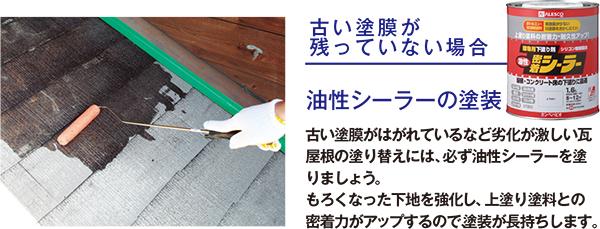 【古い塗膜が
残っていない場合】油性シーラーの塗装：古い塗膜がはがれているなど劣化が激しい瓦屋根の塗り替えには、必ず油性シーラーを塗りましょう。
もろくなった下地を強化し、上塗り塗料との密着力がアップするので、塗装が長持ちします。